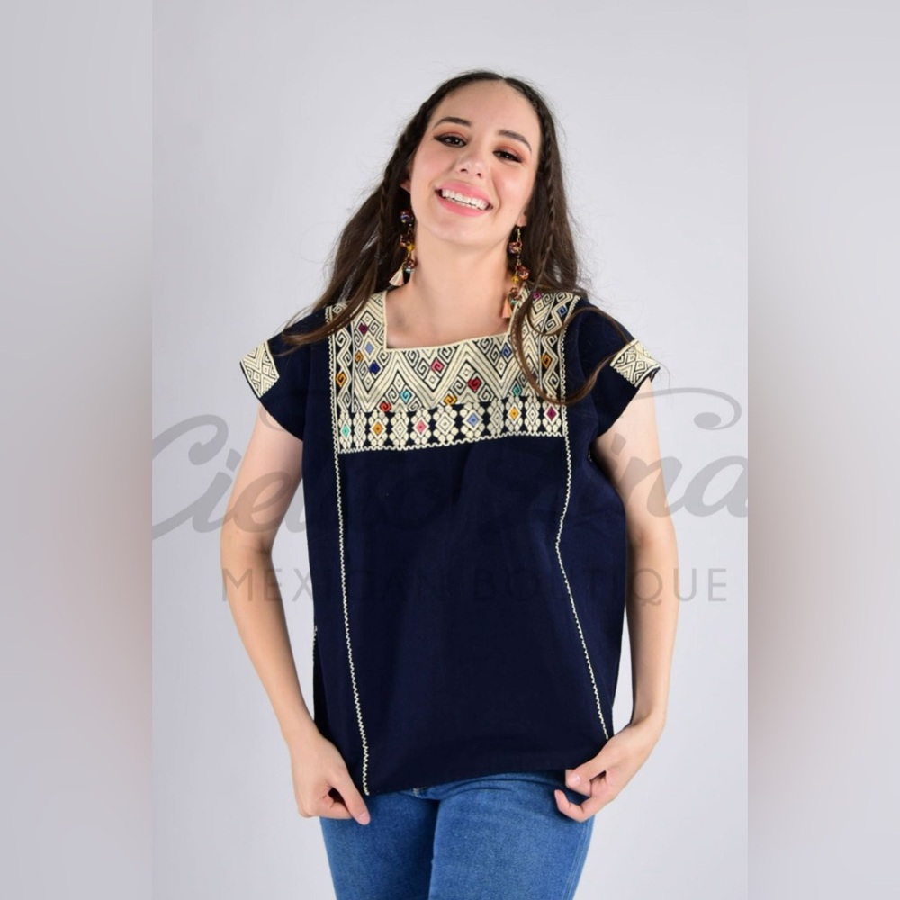 Mexican Huipil Larrainzar Top Navy